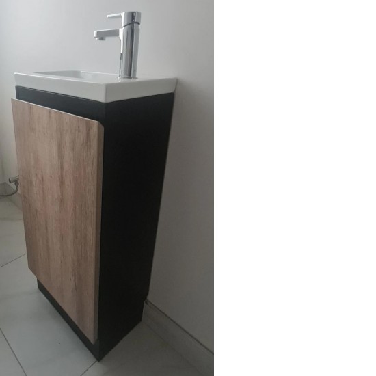 YOLO 400X250X850MM PLYWOOD FLOOR STANDING VANITY - BLACK AND LIGHT OAK WITH CERAMIC TOP