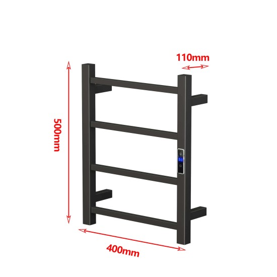 W400 × H500 × D110 mm Square Matt Black Electric With Timer Heated Towel Rack 4 Bars W400 × H500 × D110 mm Square Matt Black Electric With Timer Heated Towel Rack 4 Bars