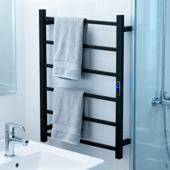800Hx400Wx110D mm Square Matte Black Heated Towel Rail With Timer 6 Bars