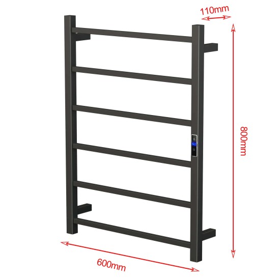 W600 × H800 × D110mm mm Square Matt Black Electric Heated Towel Rack With Timer 6 Bars W600 × H800 × D110mm mm Square Matt Black Electric Heated Towel Rack With Timer 6 Bars