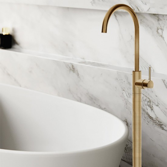 Round Brushed Yellow Gold Solid Brass Freestanding Bath Spout with Mixer Floor Mounted