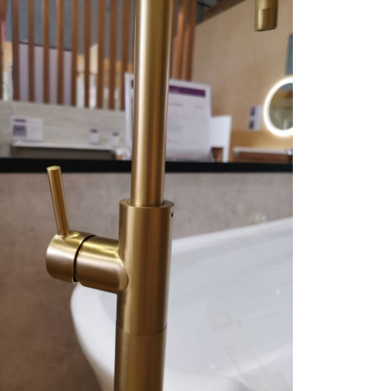 Round Brushed Yellow Gold Solid Brass Freestanding Bath Spout with Mixer Floor Mounted