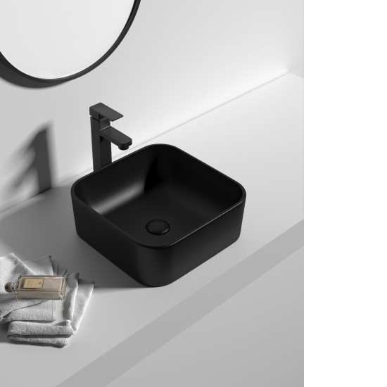 385*385*140mm Bathroom Square Above Counter Matt Black Ceramic Wash Basin