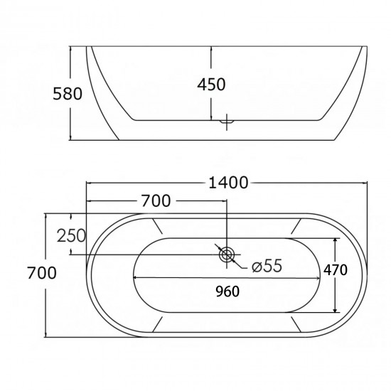 1400x700x580mm Oval Bathtub Freestanding Acrylic Apron White Bath Tub