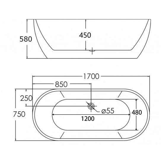 1700x750x580mm Oval Bathtub Freestanding Acrylic Apron White Bath Tub