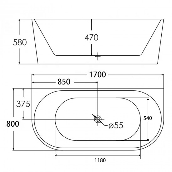 1700x800x580mm Back To Wall Freestanding Acrylic Apron White Bath Tub 