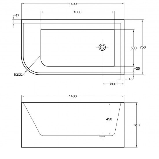 1400x750x610mm Corner Bathtub Right Corner Back to Wall Acrylic White Bath Tub