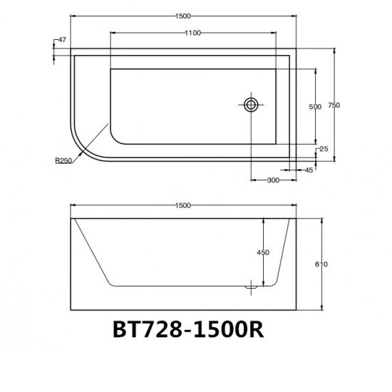 1500x750x610mm Corner Bathtub Right Corner Back to Wall Acrylic White Bath Tub