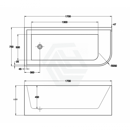 1700x750x610mm Corner Bathtub Left Corner Back to Wall Acrylic White Bath Tub