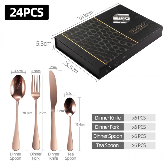 Rose Gold Stainless Steel 304 Cutlery Set Dinner Knife Fork Spoon 24pcs Set