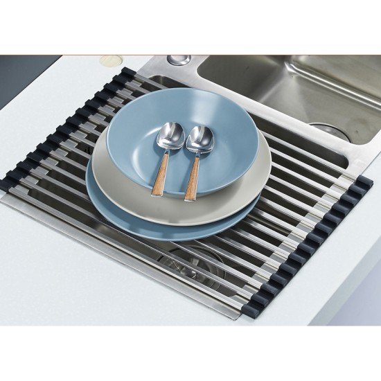 450x340mm Kitchen Sink Drainer Mat Stainless Steel Colander Caddy Dish Rollers