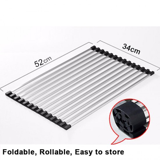 520x340mm Kitchen Sink Drainer Mat Stainless Steel Colander Caddy Dish Rollers Black