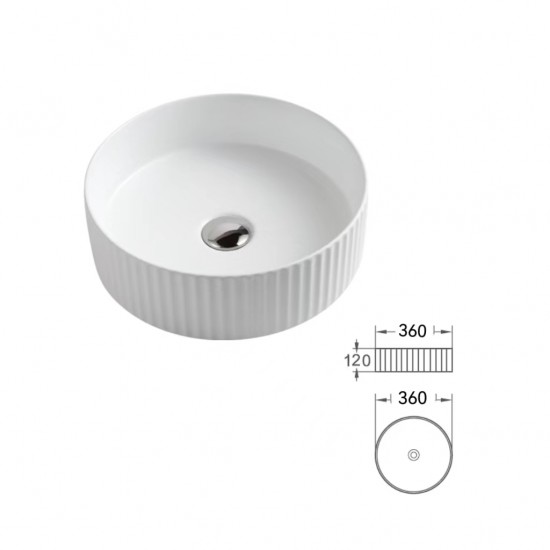 360*360*120mm Bathroom Round Above Counter Gloss White Ceramic Wash Basin