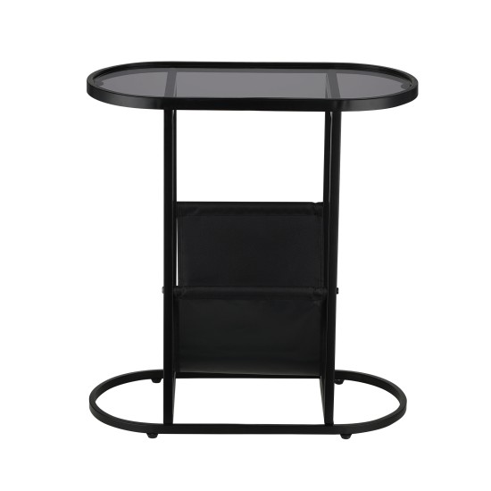 Oval End Table Narrow Tempered Glass Side Table with Magazine Storage (Black Oxford Pouch) Grey Glass & Black Steel Oval End Table Narrow Tempered Glass Side Table with Magazine Storage (Black Oxford Pouch) Grey Glass & Black Steel