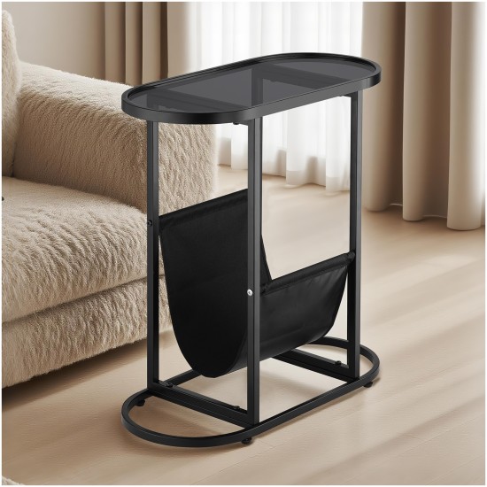 Oval End Table Narrow Tempered Glass Side Table with Magazine Storage (Black Oxford Pouch) Grey Glass & Black Steel Oval End Table Narrow Tempered Glass Side Table with Magazine Storage (Black Oxford Pouch) Grey Glass & Black Steel