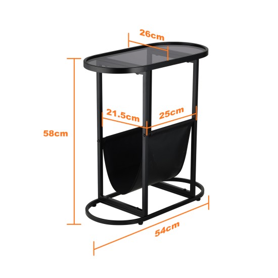 Oval End Table Narrow Tempered Glass Side Table with Magazine Storage (Black Oxford Pouch) Grey Glass & Black Steel Oval End Table Narrow Tempered Glass Side Table with Magazine Storage (Black Oxford Pouch) Grey Glass & Black Steel