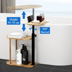 3 Layer bathroom Shelves Storage Rack Oval Sofa Bed End Side Stand Rack Bamboo freestanding height adjustable Hight C Table Bathtub Tray  360° Swivel