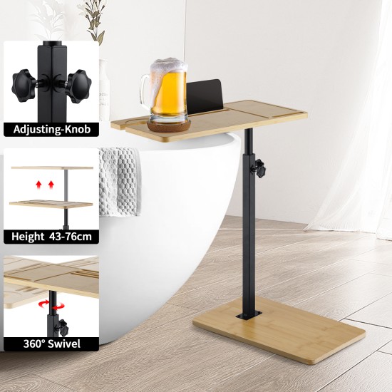 Bathtub Side Table Height-Adjustable 43–76 cm C-Shaped Bamboo Tray 360° Rotatable
