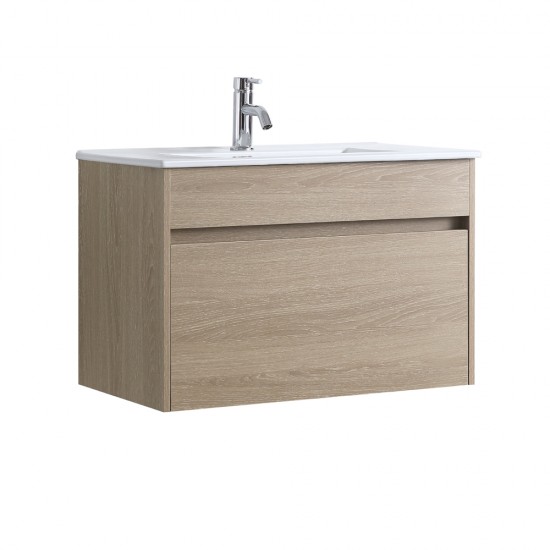 DNW 750X460X480MM Plywood Wall Hung Vanity - Light Oak With Ceramic Top