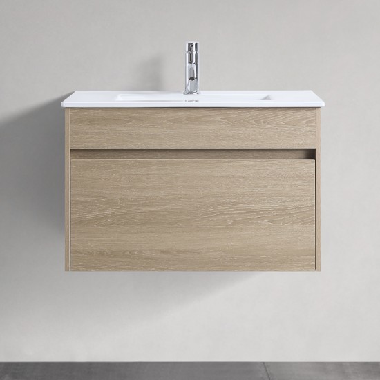 DNW 750X460X480MM Plywood Wall Hung Vanity - Light Oak With Ceramic Top