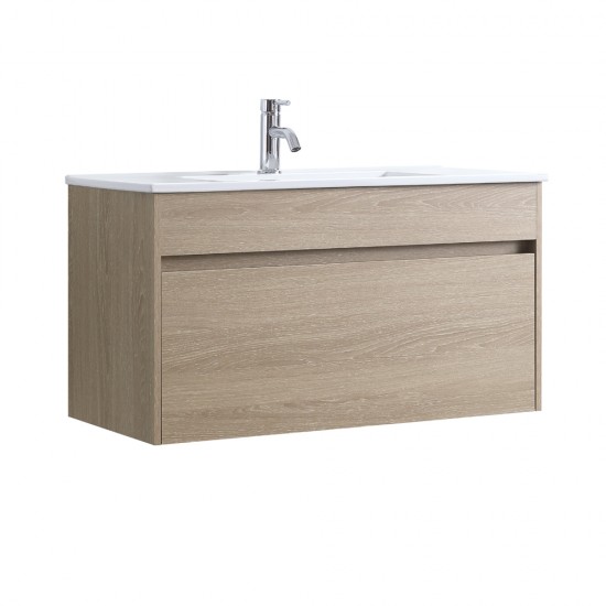 DNW 900X460X480MM Plywood Wall Hung Vanity - Light Oak With Ceramic Top