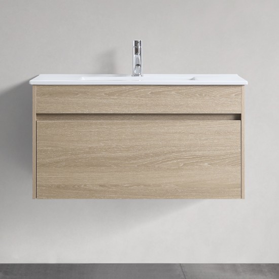 DNW 900X460X480MM Plywood Wall Hung Vanity - Light Oak With Ceramic Top