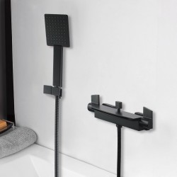 Solid Brass Bathroom Square Matt Black Mixer Diverter with ABS Handheld Shower Waterfall Spout Water Hose Set Solid Brass Bathroom Square Matt Black Mixer Diverter with ABS Handheld Shower Waterfall Spout Water Hose Set