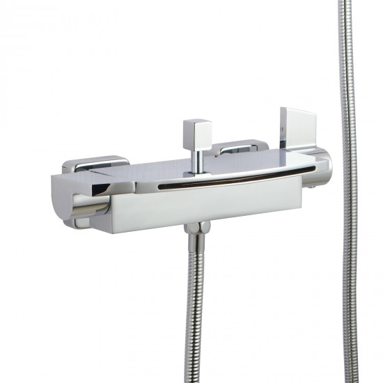 Solid Brass Bathroom Square Chrome Mixer Diverter with Waterfall Spout Water Hose Set
