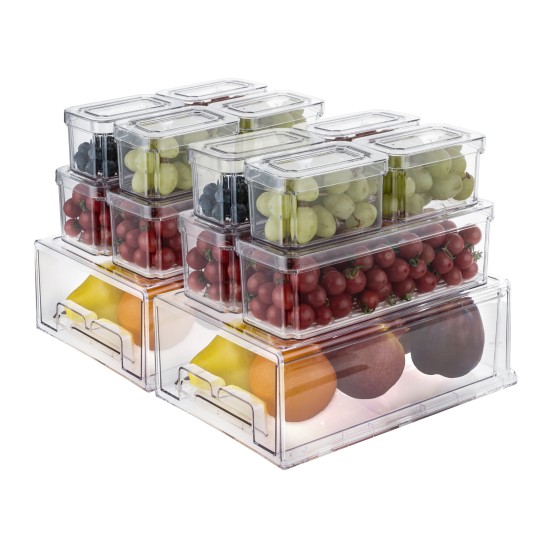 14pcs Stackable BPA-Free Refrigerator Storage Bins Pull Out Storage Drawer with Lids Drain Trays Kitchen Organization,Transparent Food Storage Bins Set 14pcs Stackable BPA-Free Refrigerator Storage Bins Pull Out Storage Drawer with Lids Drain Trays Kitchen Organization,Transparent Food Storage Bins Set