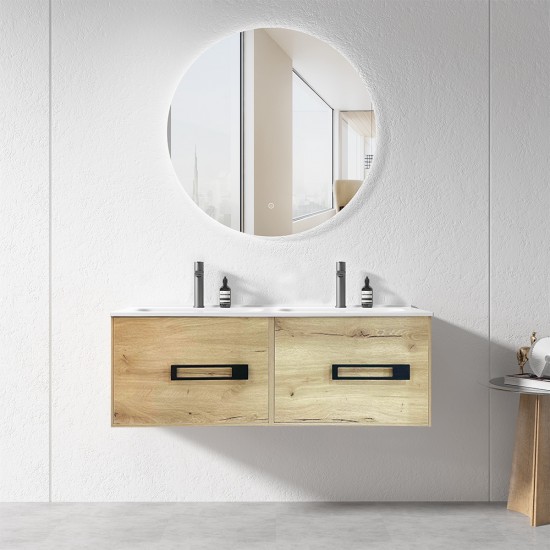 ANGEL 1500mm Light Oak Plywood Wall Hung Vanity With Double Ceramic Basin