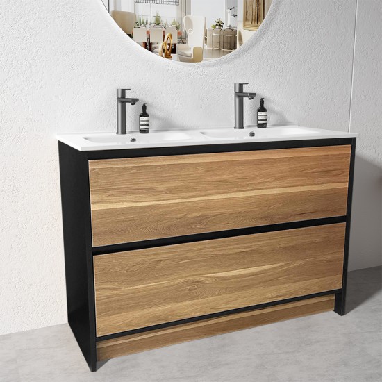 GL 1200mm Plywood Floor Standing Vanity With Double Ceramic Basin Black&Light Oak