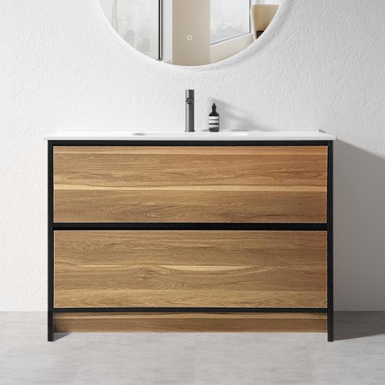 GL 1200mm Plywood Floor Standing Vanity With Single Ceramic Basin Black&Light Oak