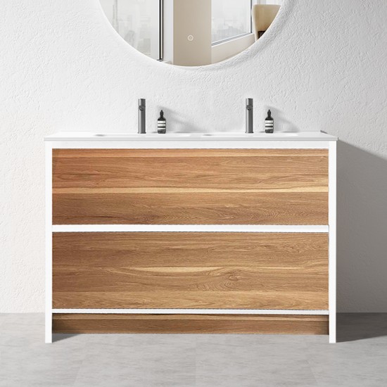 GL 1200mm Plywood Floor Standing Vanity With Double Ceramic Basin White&Light Oak
