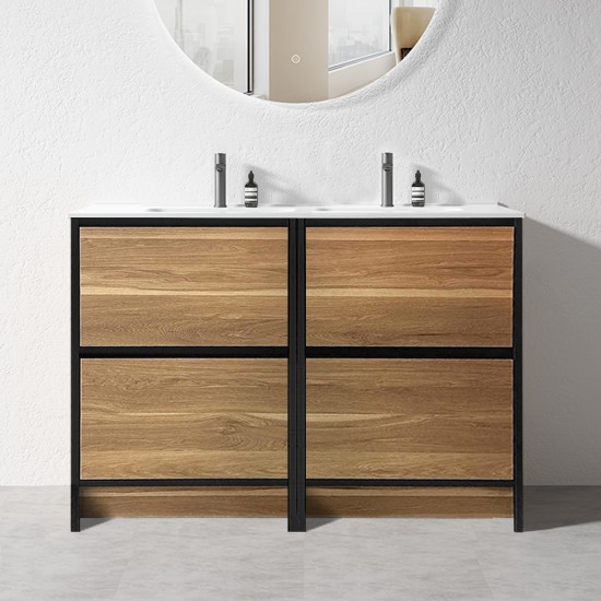 GL 1500mm Plywood Floor Standing Vanity With Double Ceramic Basin Black&Light Oak