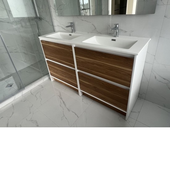 GL 1500mm Plywood Floor Standing Vanity With Double Ceramic Basin White&Light Oak