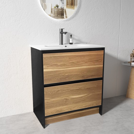 GL 750mm Plywood Floor Standing Vanity With Ceramic Basin Black&Light Oak
