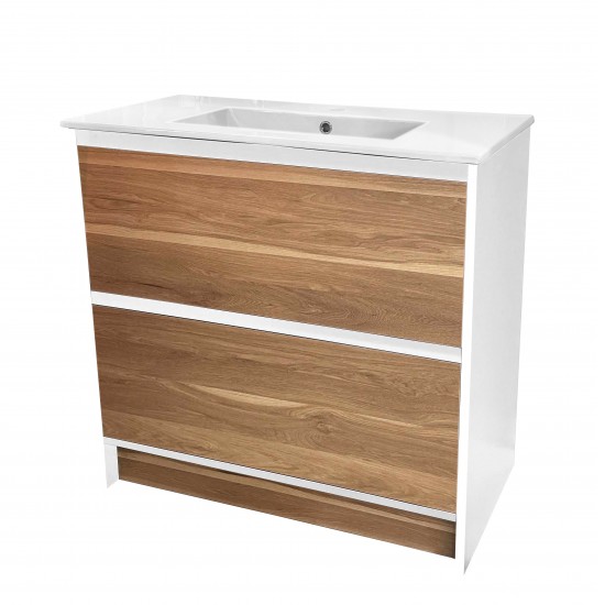 GL 750mm Plywood Floor Standing Vanity With Ceramic Basin White&Light Oak