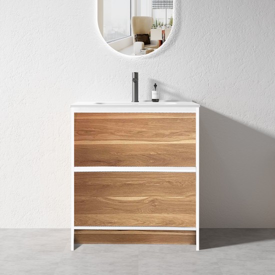 GL 750mm Plywood Floor Standing Vanity With Ceramic Basin White&Light Oak
