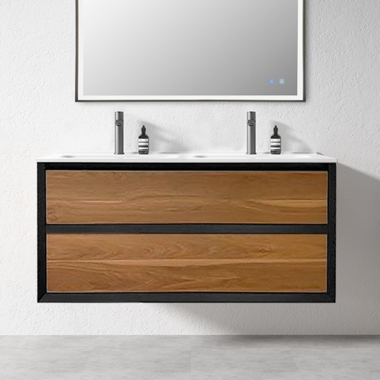 1200mm Deep Oak Plywood Wall Hung Vanity With Ceramic Double Basin