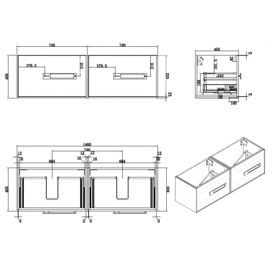 1500mm Deep Oak Plywood Wall Hung Vanity With Ceramic Double Basin