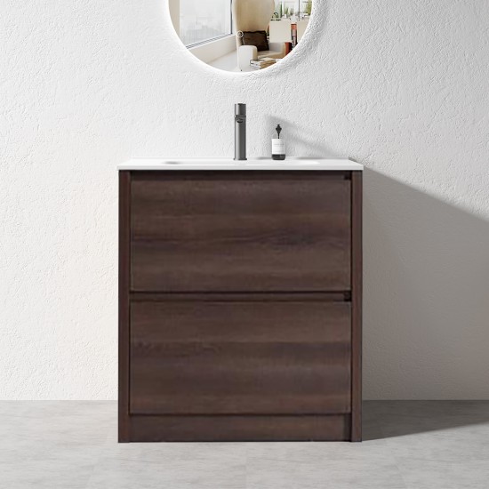 TBM 600mm Dark Oak Plywood Floor Standing Vanity With Ceramic Basin