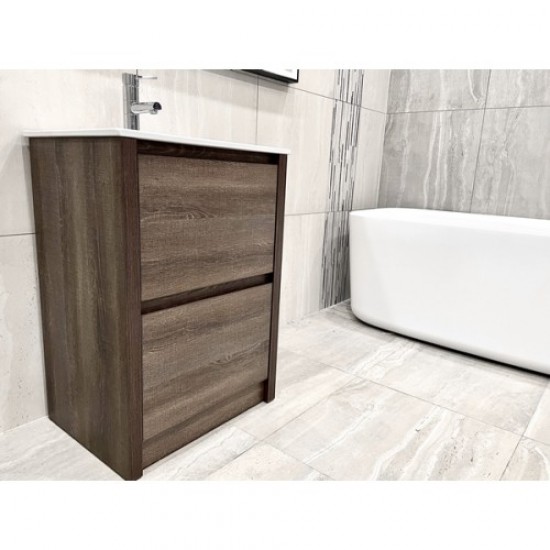 TBM 600mm Dark Oak Plywood Floor Standing Vanity With Ceramic Basin