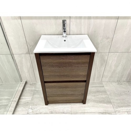 TBM 600mm Dark Oak Plywood Floor Standing Vanity With Ceramic Basin