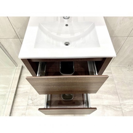 TBM 600mm Dark Oak Plywood Floor Standing Vanity With Ceramic Basin