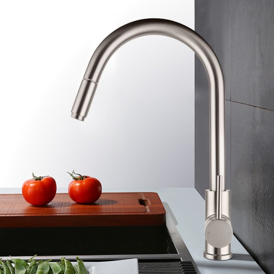 Gooseneck Brushed Nickel 360° Swivel Pull Out Kitchen Sink Mixer Tap Solid Brass