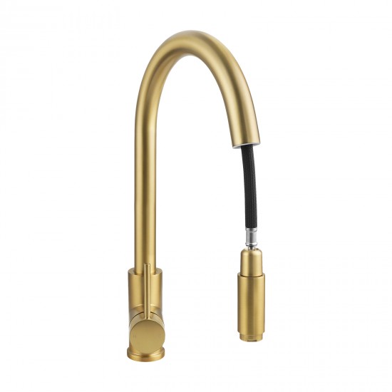 Gooseneck Brushed Yellow Gold 360° Swivel Pull Out Kitchen Sink Mixer Tap Solid Brass