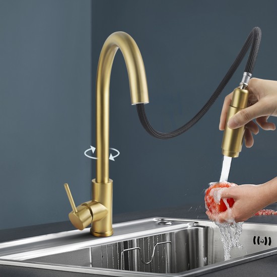 Gooseneck Brushed Yellow Gold 360° Swivel Pull Out Kitchen Sink Mixer Tap Solid Brass