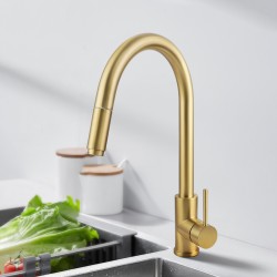 Gooseneck Brushed Yellow Gold 360° Swivel Pull Out Kitchen Sink Mixer Tap Solid Brass Gooseneck Brushed Yellow Gold 360° Swivel Pull Out Kitchen Sink Mixer Tap Solid Brass