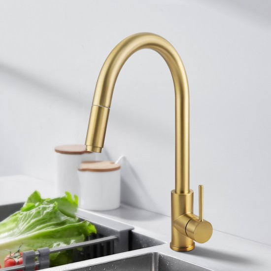 Gooseneck Brushed Yellow Gold 360° Swivel Pull Out Kitchen Sink Mixer Tap Solid Brass