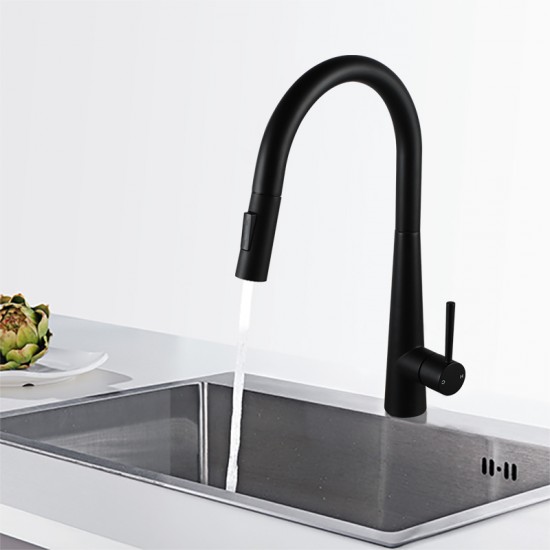 Euro Matte Black Solid Brass Round Mixer Tap with Smart Touch and 360 Swivel and Pull Out for kitchen